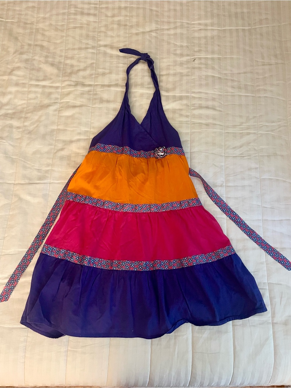 Basic Editions Colorblock Halter Dress in Purple, Orange, and Pink Floral Tie